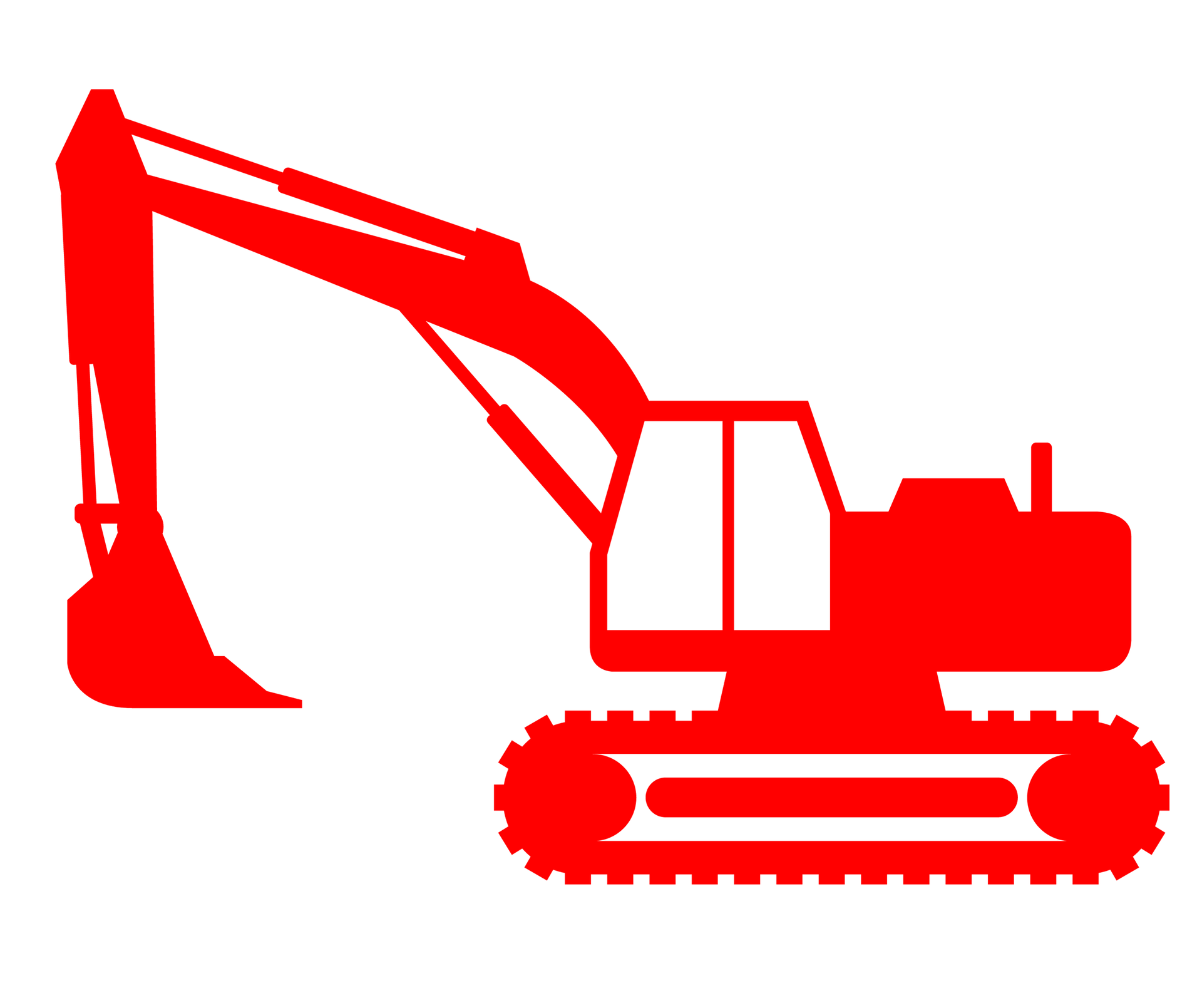 Red silhouette of an excavator with bucket arm and tracked base on white background
