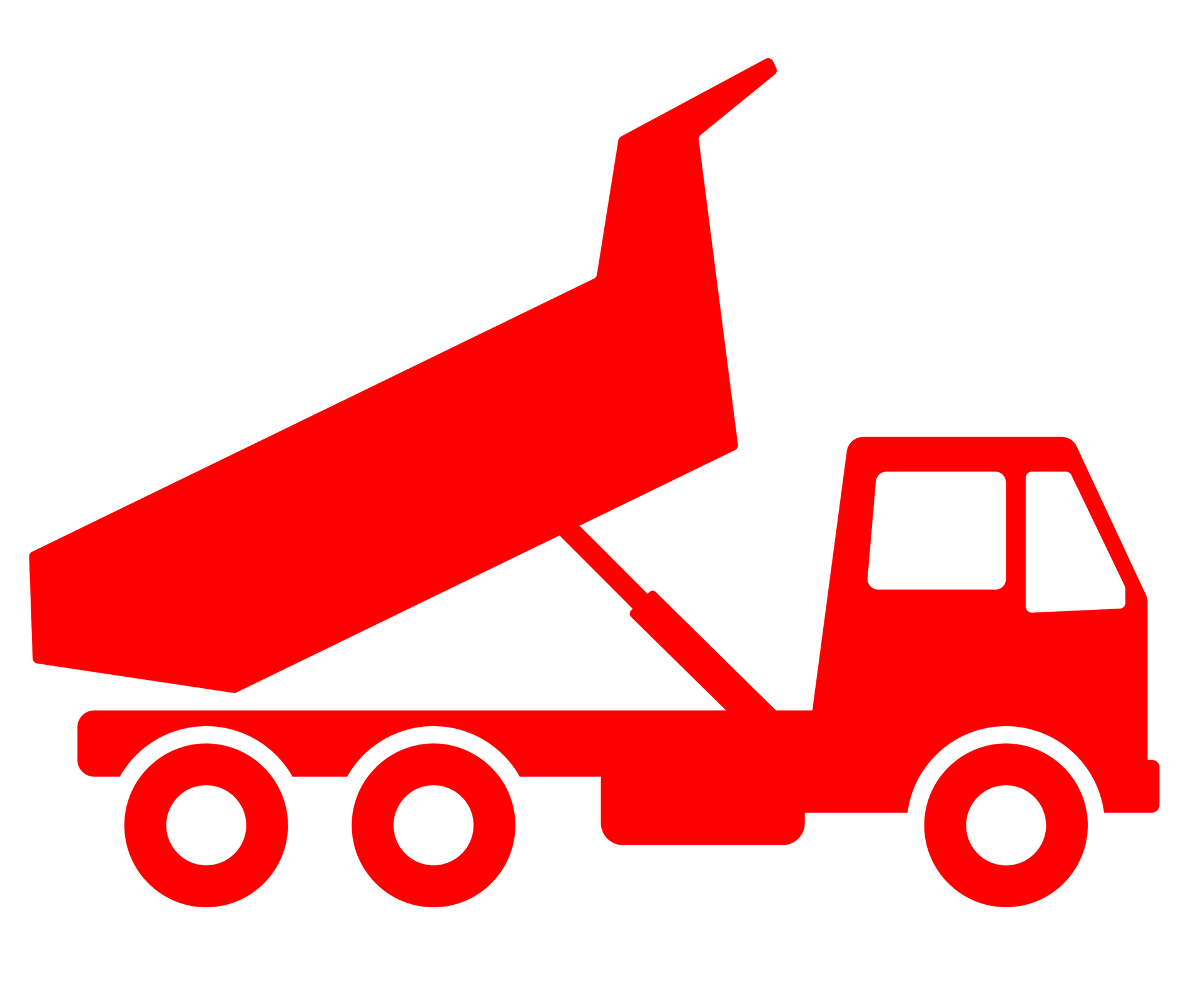 Red dump truck icon with raised bed, shown in profile.
