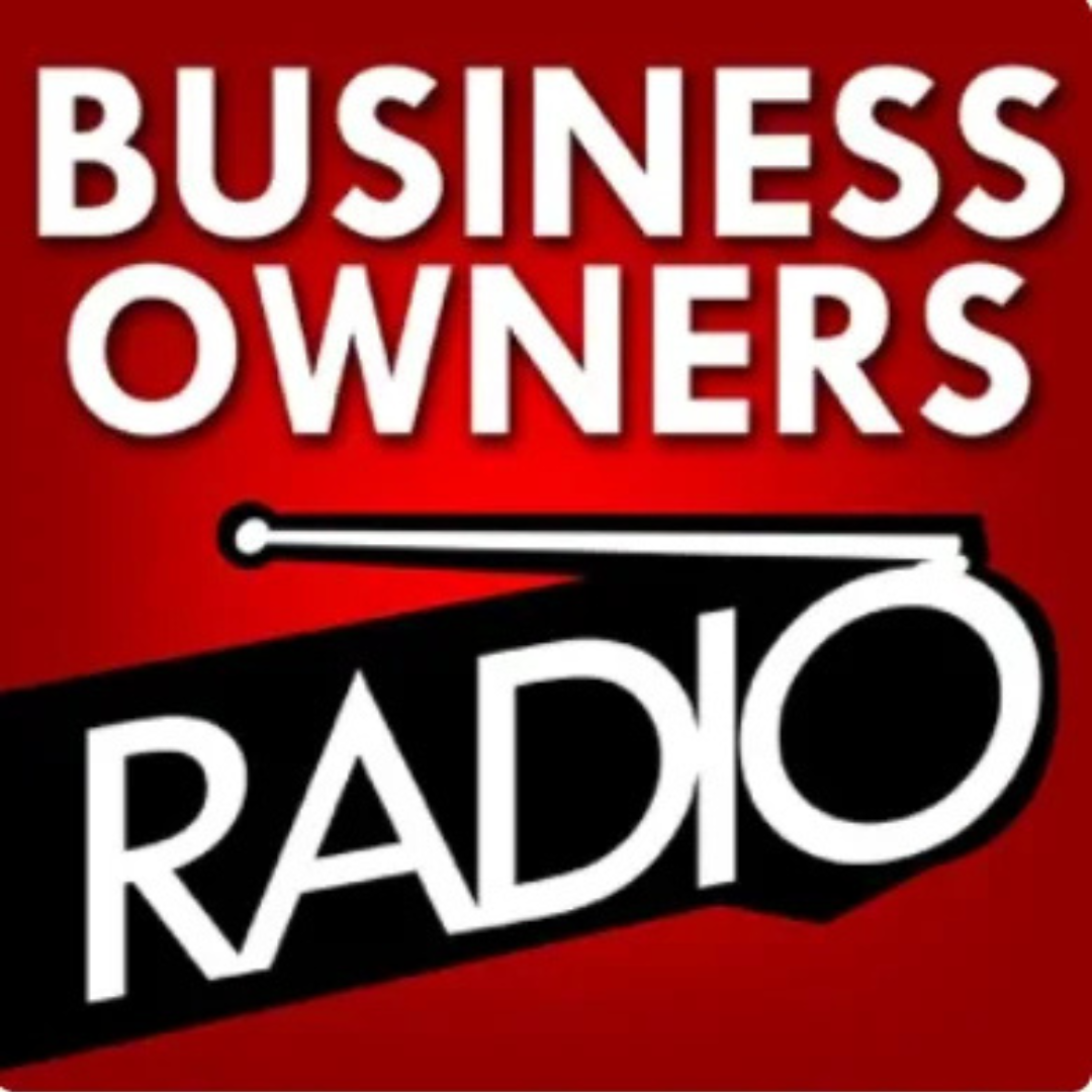 A logo for business owners radio with a red background