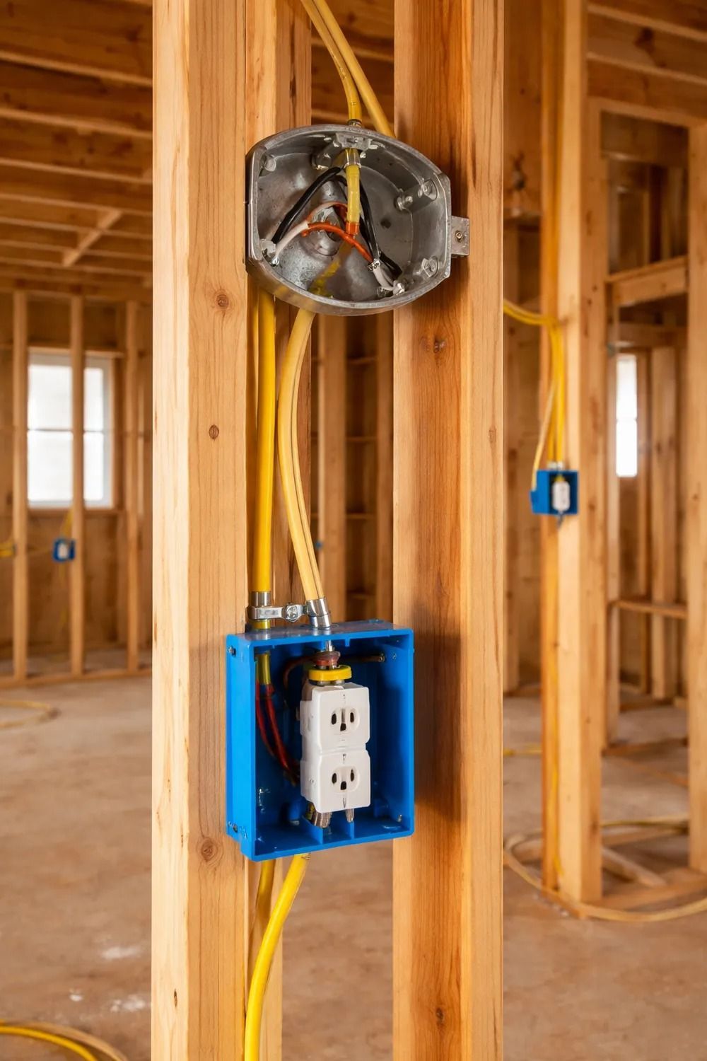 Blue electrical box and wiring installed on exposed wooden studs inside a house under construction
