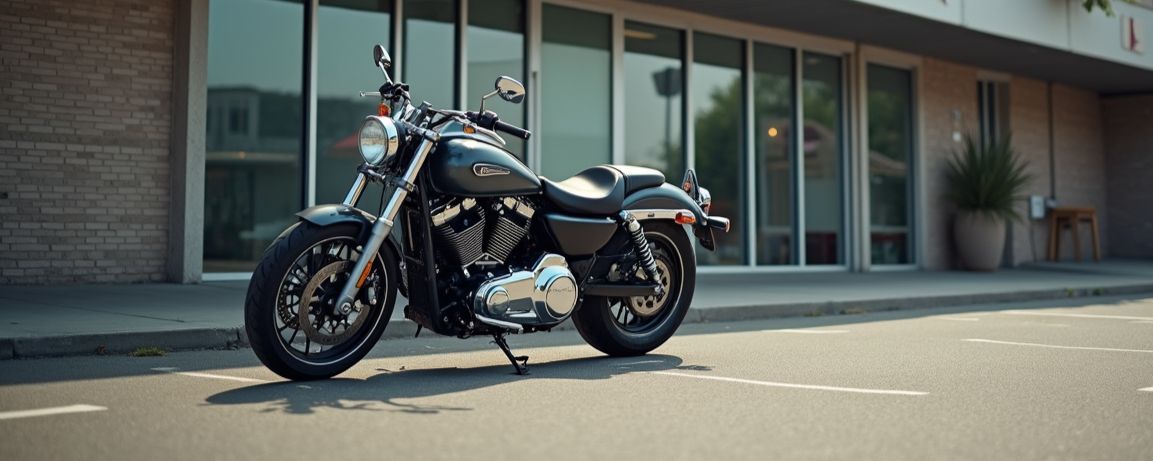 Black motorcycle parked outside a glass-front building on a sunny day