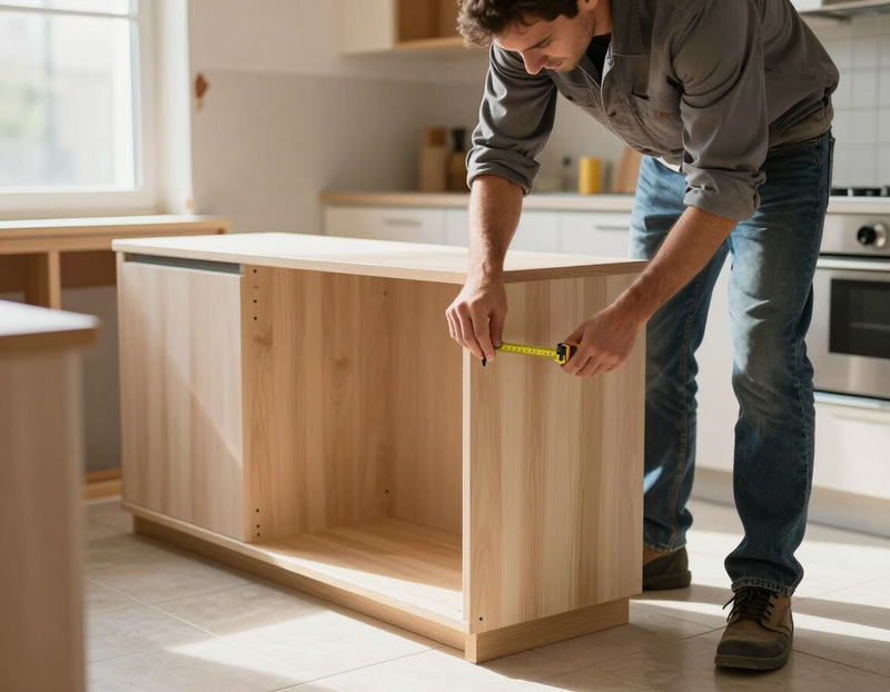 Skilled tradesperson fitting cabinetry in a kitchen remodel