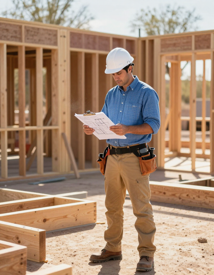 Construction project manager reviewing plans on site
