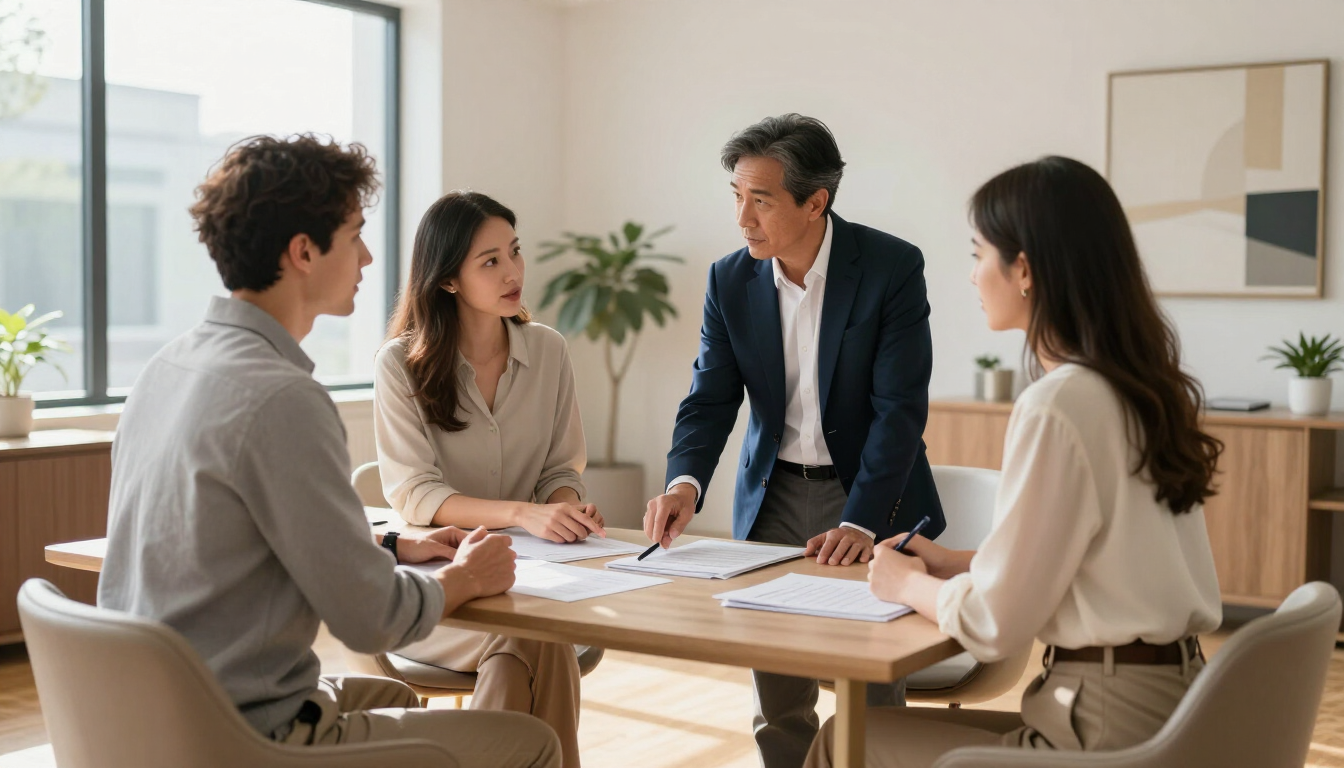A professional real estate agent discussing a listing agreement with a couple in a modern office