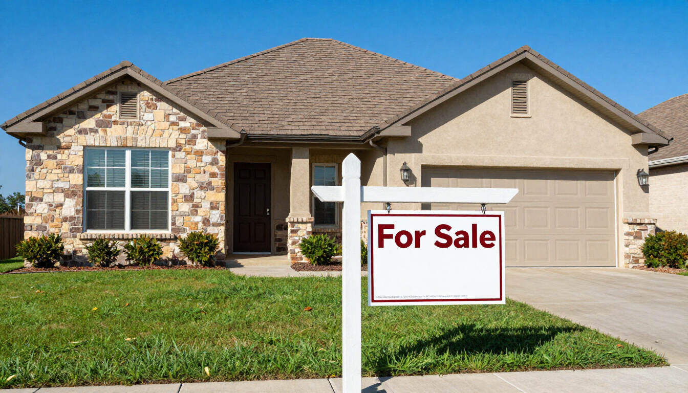 A suburban Texas home with a 'For Sale' sign in the front yard under a clear blue sky