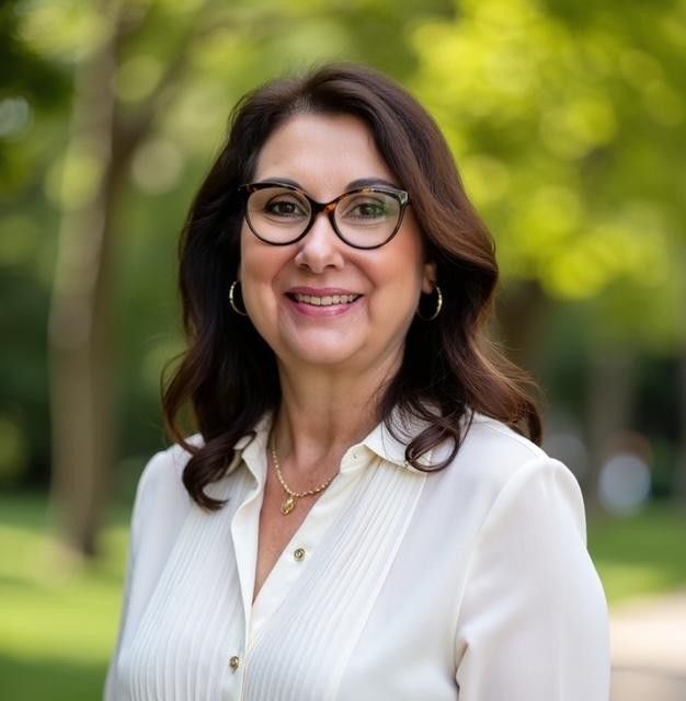 Smiling woman with glasses and dark hair, wearing a white blouse, standing outdoors against a green background