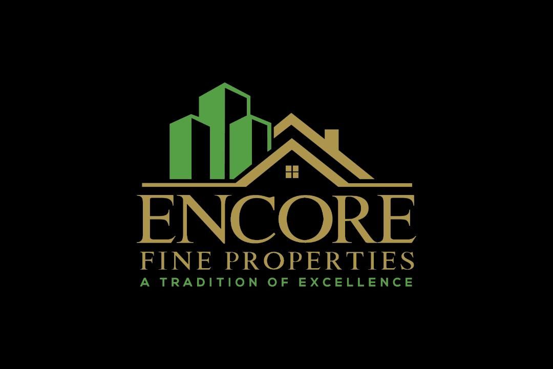 Encore Fine Properties logo with green buildings, gold roofline, and black background