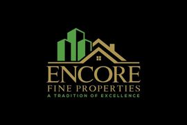 Encore Fine Properties logo with green buildings, gold roofline, and black background