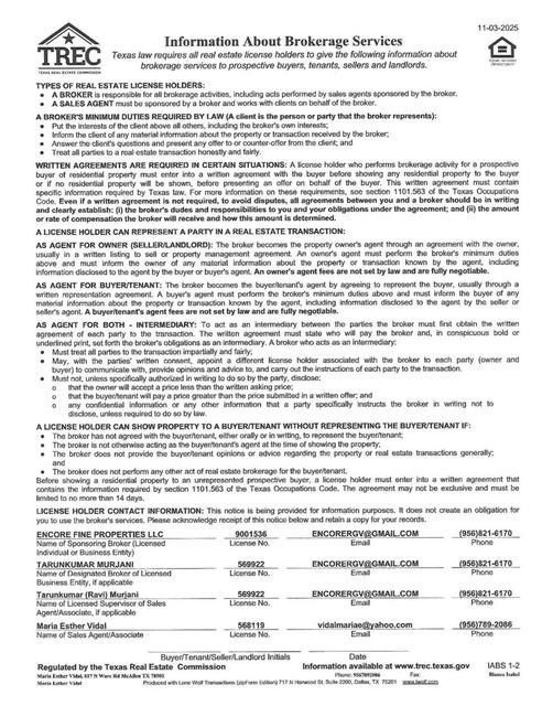TREC information sheet about brokerage services, with dense black text and logos at top and bottom.