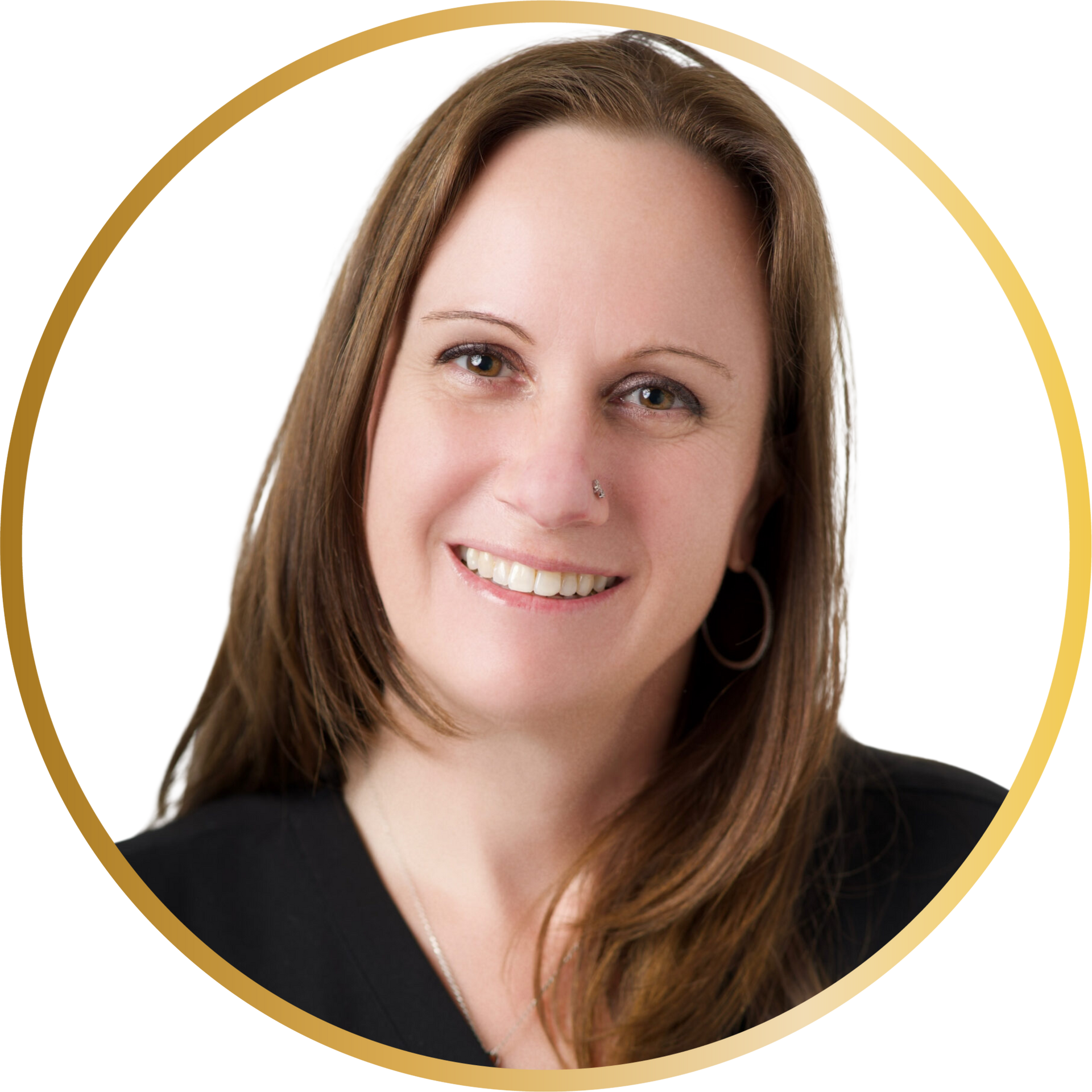 A woman in a black shirt is smiling in a gold circle.