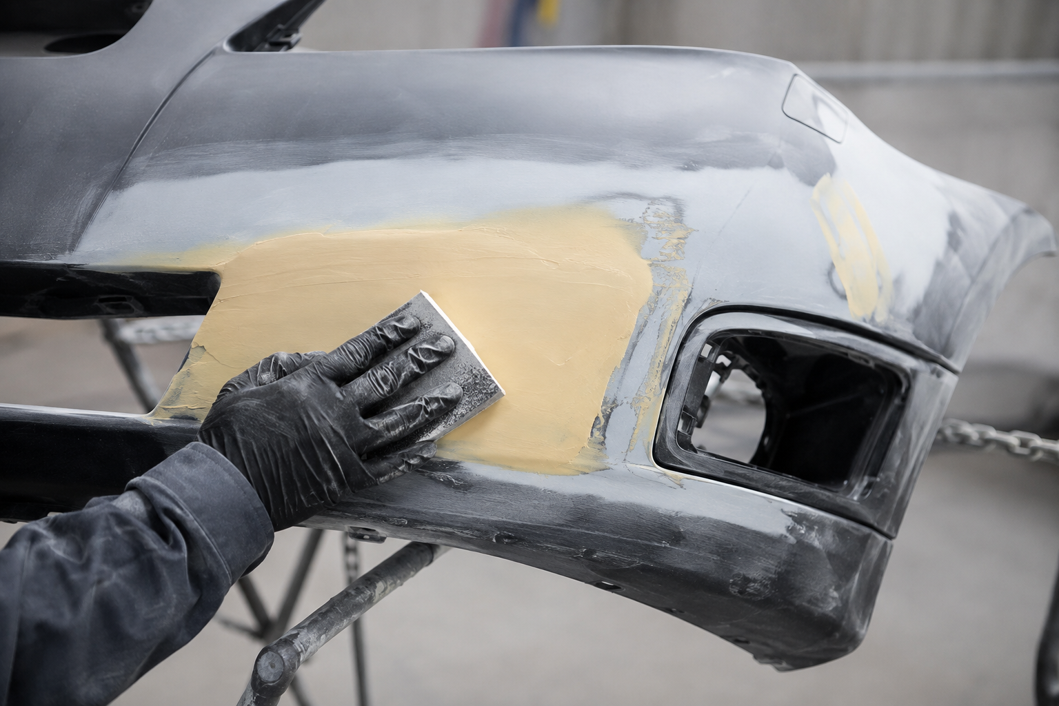 Gloved hand sanding a car bumper during body repair, with gray primer and beige filler visible