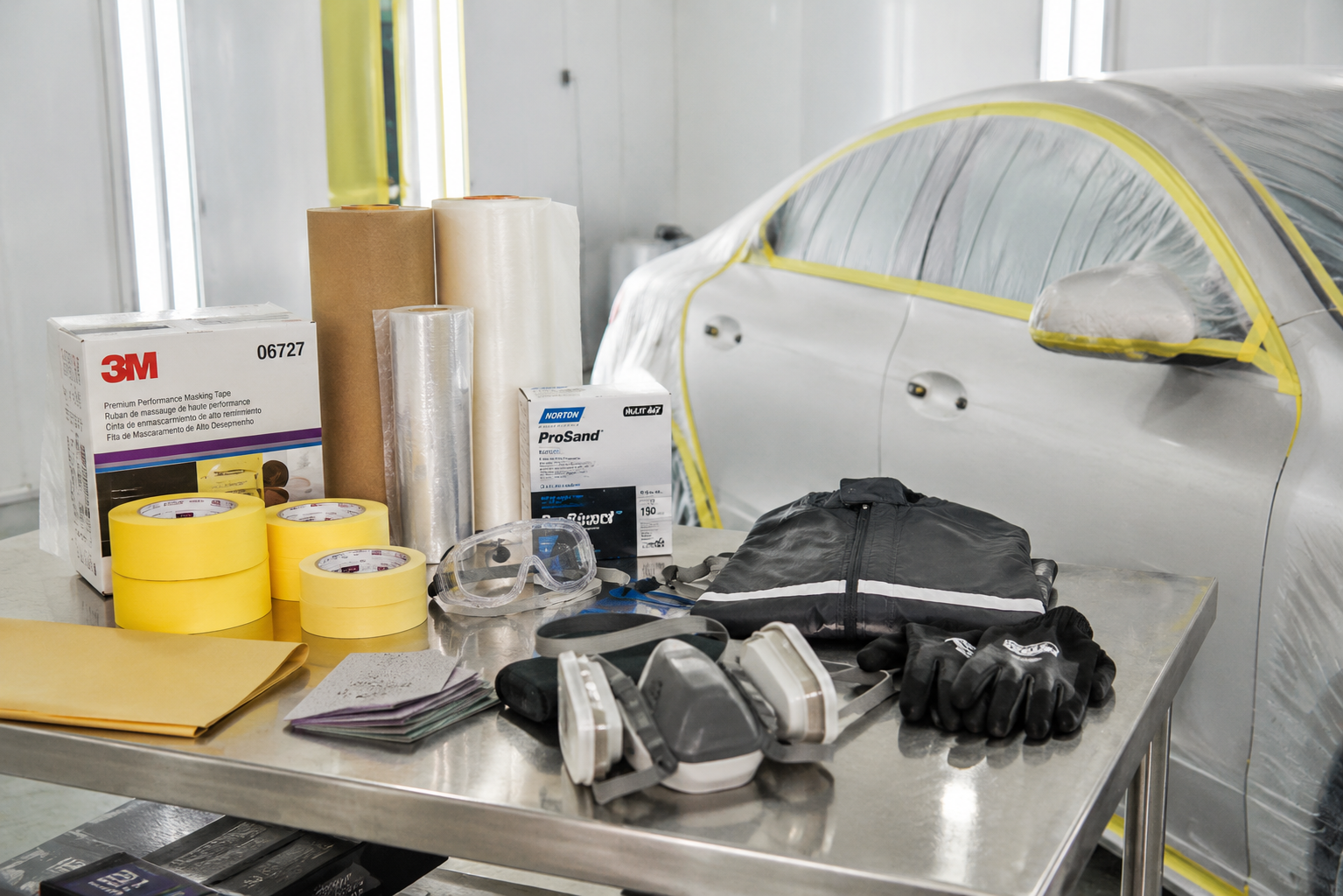 Car repair booth with masked silver car and supplies: tape, paper, gloves, and respirator on a worktable