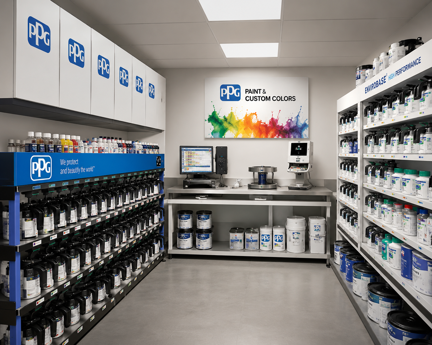 Paint store aisle with shelves of white and blue paint cans and a counter at the back