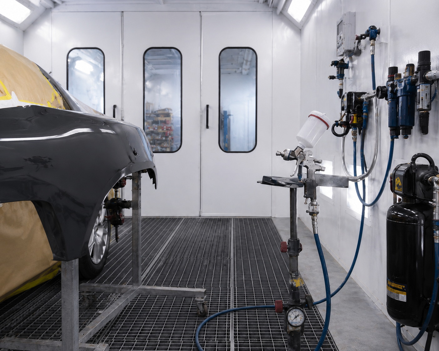 Auto body paint booth with a car under cover, spray equipment, and paint canisters on the wall.
