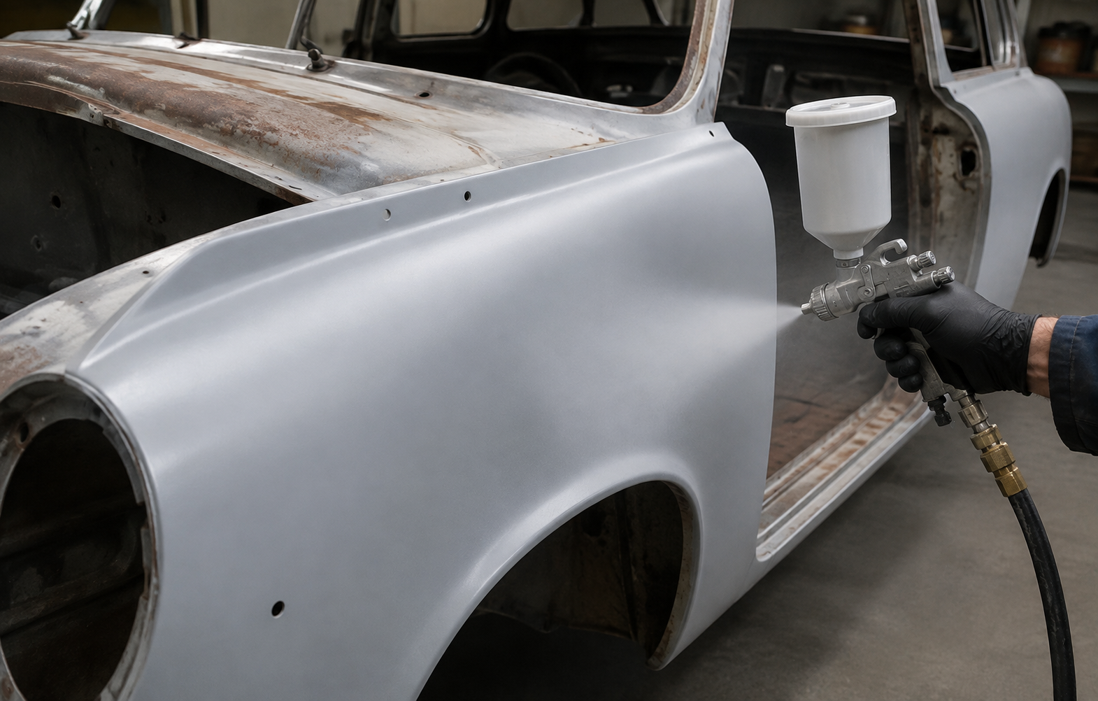 Worker spray-painting a silver car body in a workshop