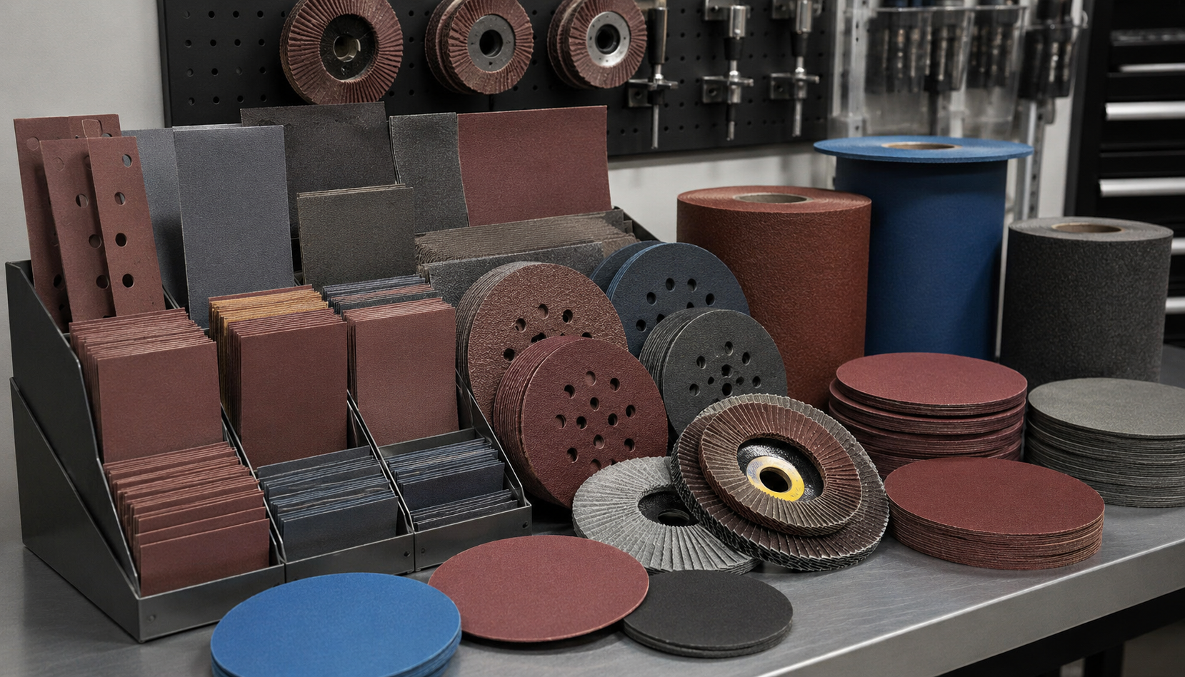 A display of assorted abrasive sanding discs, belts, and wheels in red, black, blue, and brown.