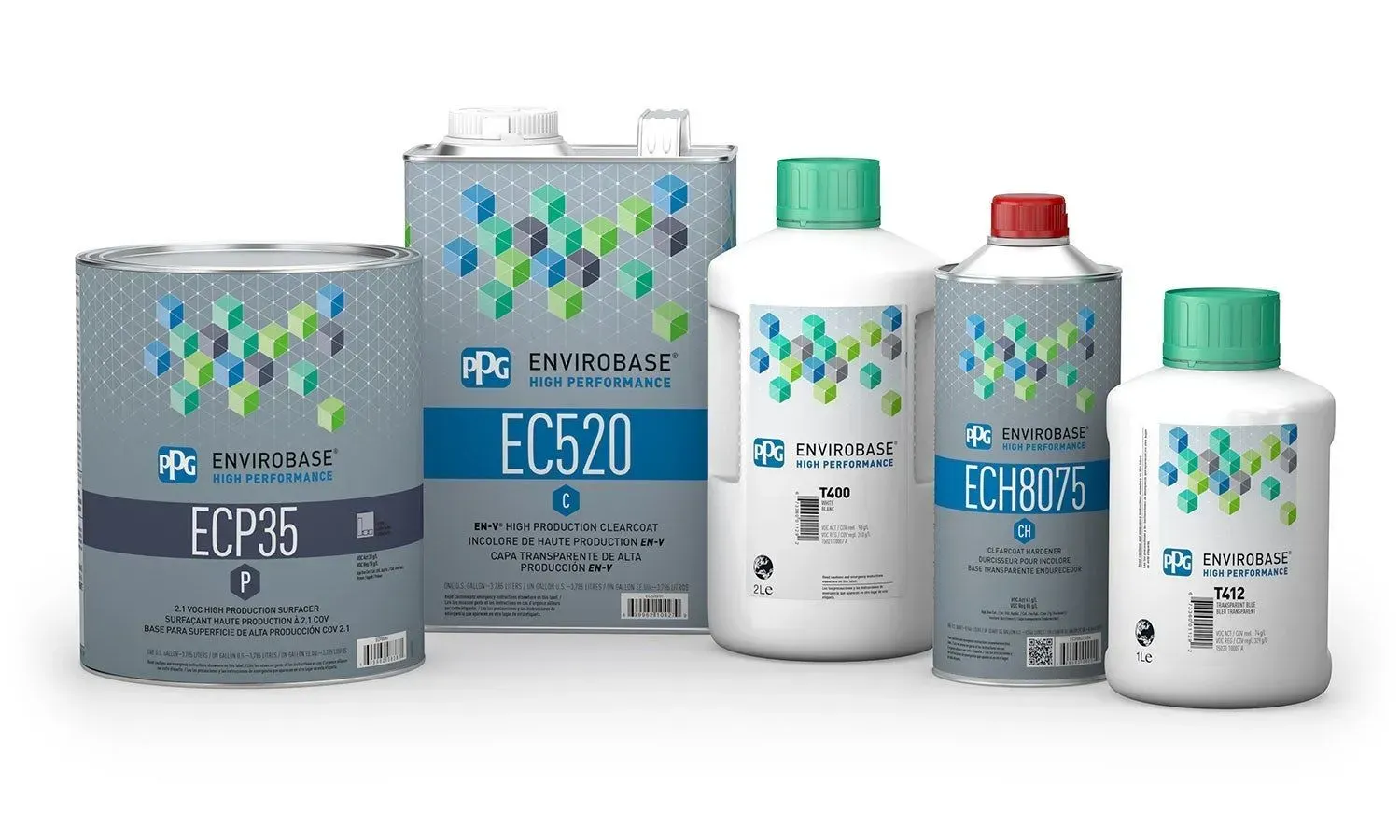 Assorted eco-friendly cleaning product containers in gray and white with blue labels and green caps