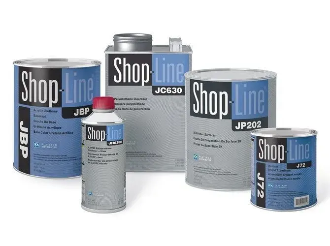 Assorted Shop-Line paint cans and bottles in blue, gray, and white packaging