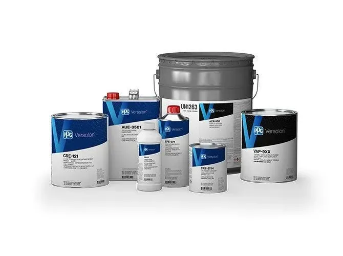 Assorted paint and coating containers in white, blue, and gray on a white background
