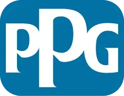 PPG logo in white letters on a blue rounded square background
