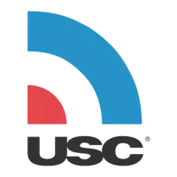 USC logo with blue and red geometric mark above black lettering