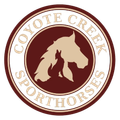 Logo for Coyote Creek Sporthorses: A tan horse head silhouette featuring a howling coyote inside, on a maroon circle.