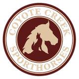 Logo for Coyote Creek Sporthorses: A tan horse head silhouette featuring a howling coyote inside, on a maroon circle.