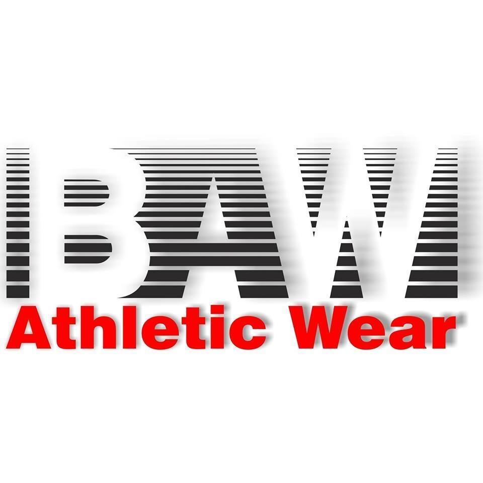 Logo for BAW Athletic Wear: white text, BAW, over black lines; 