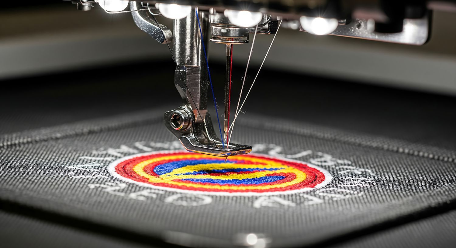 Close-up of a detailed patch being made in an industrial embroidery shop, professional equipment. Close-up of a detailed patch being made in an industrial embroidery shop, professional equipment.
