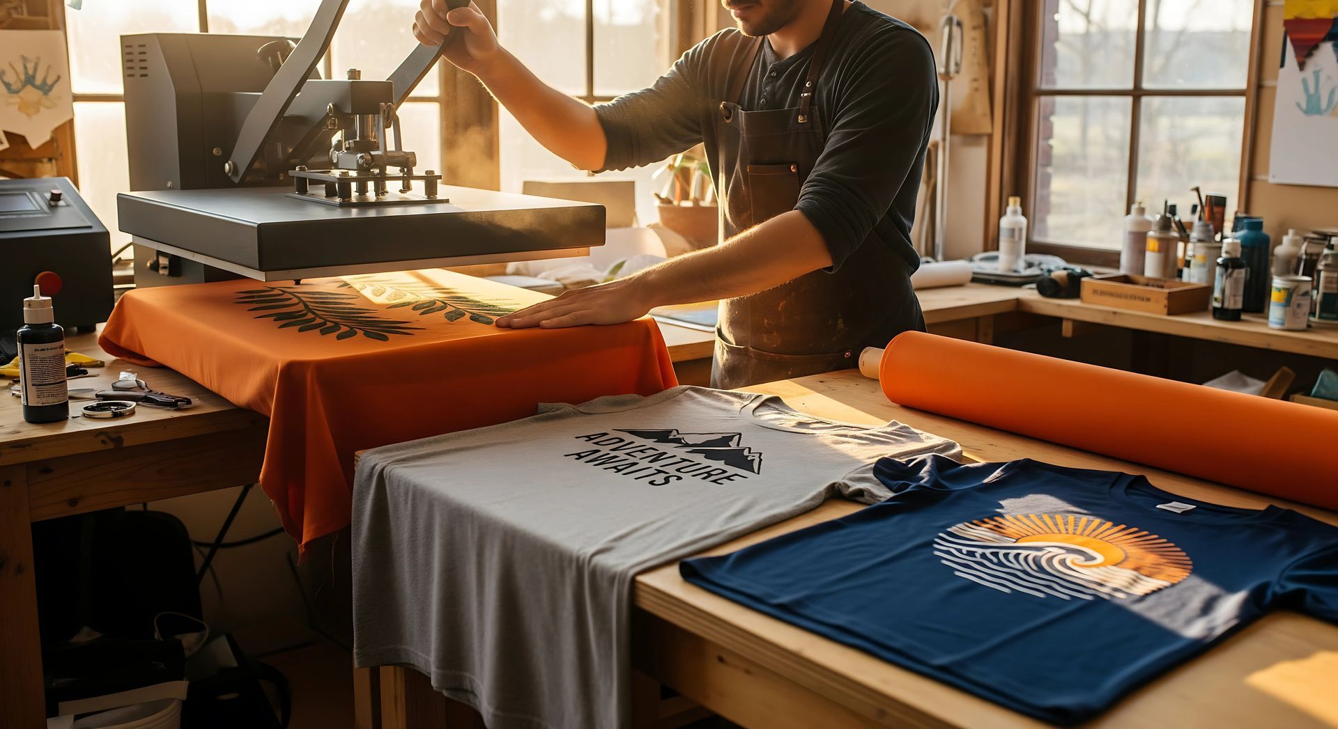 Artisan using a heat press for custom t-shirt printing in a sunlit studio. Artisan using a heat press for custom t-shirt printing in a sunlit studio.