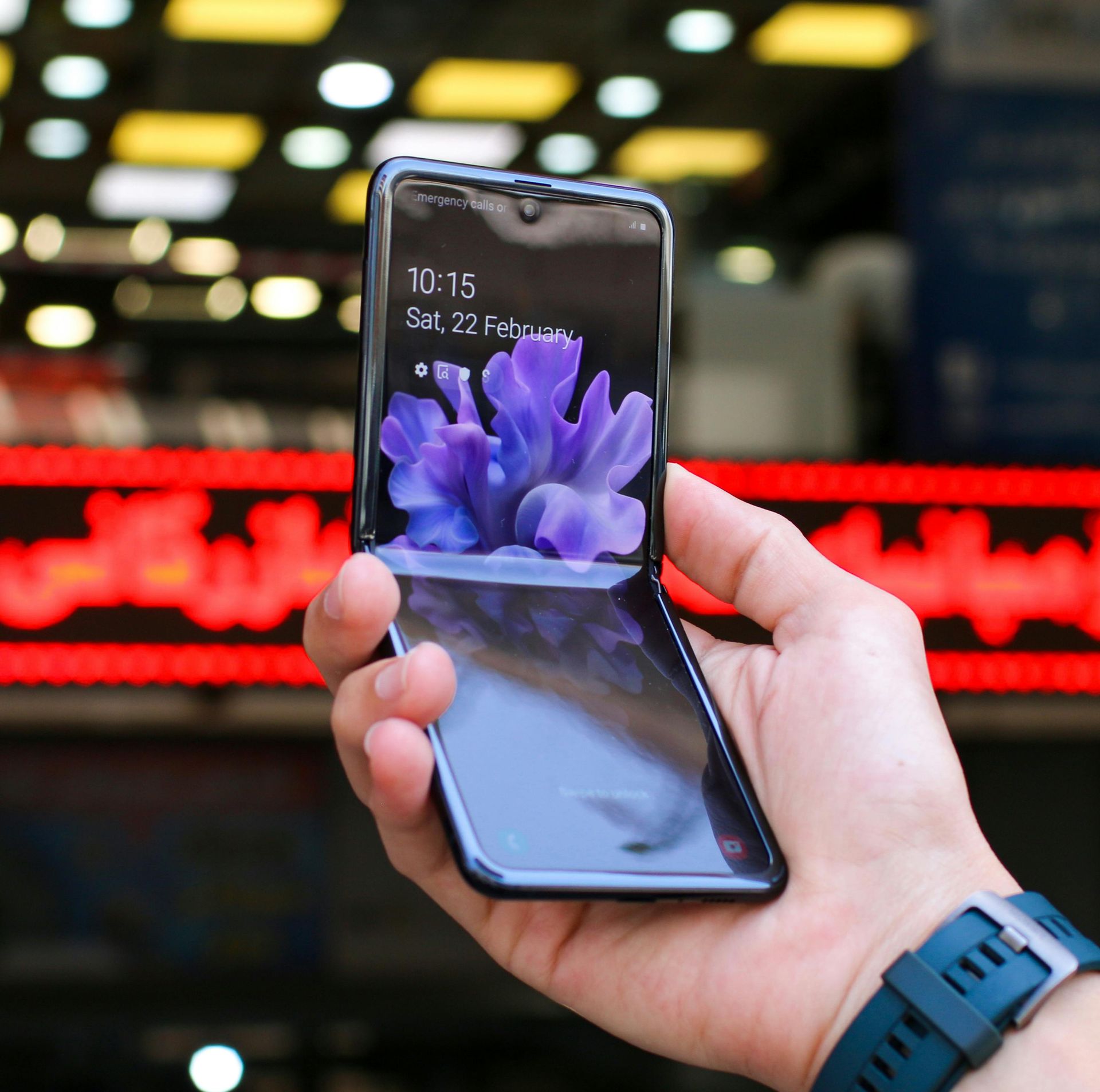 Una persona tiene in mano un telefono cellulare con un fiore viola sullo schermo