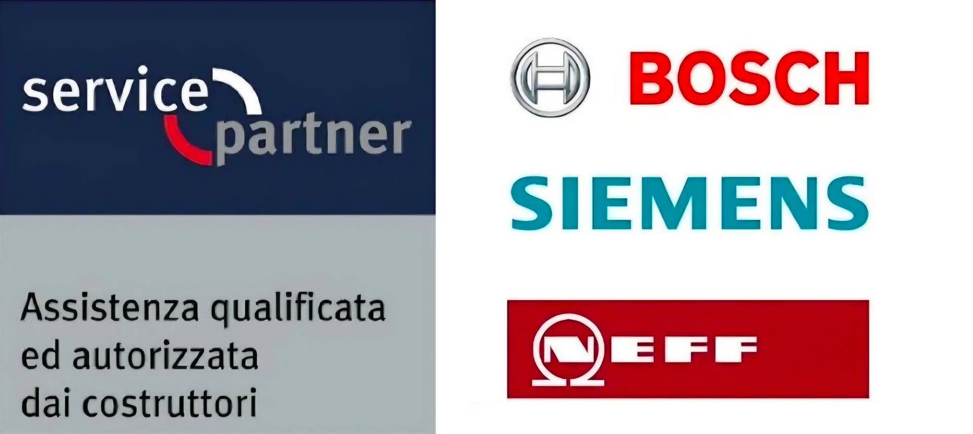 Badge di partner di assistenza con i loghi Bosch, Siemens, Gaggenau e Neff; assistenza qualificata autorizzata