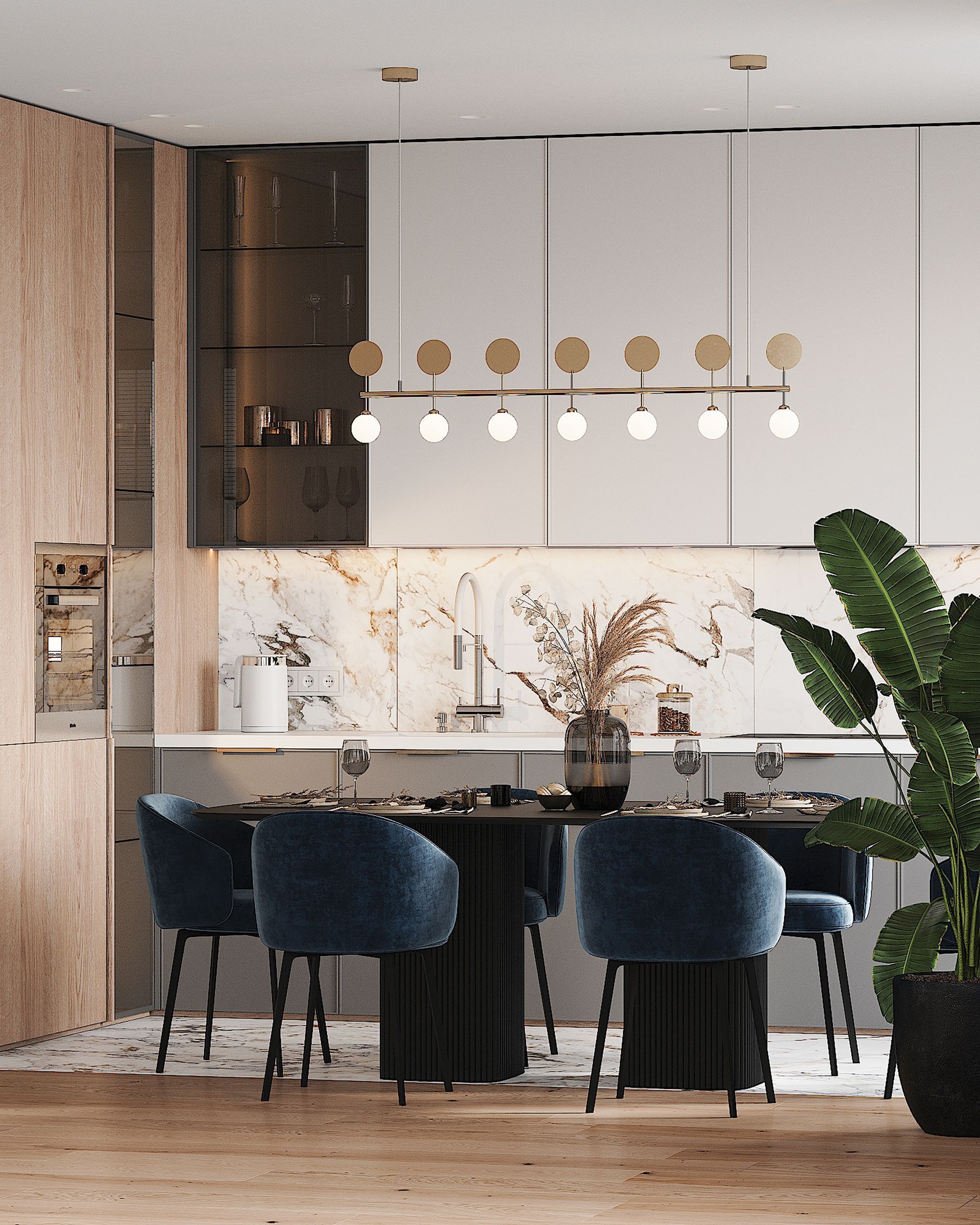 Une cuisine avec une table et des chaises et une plante