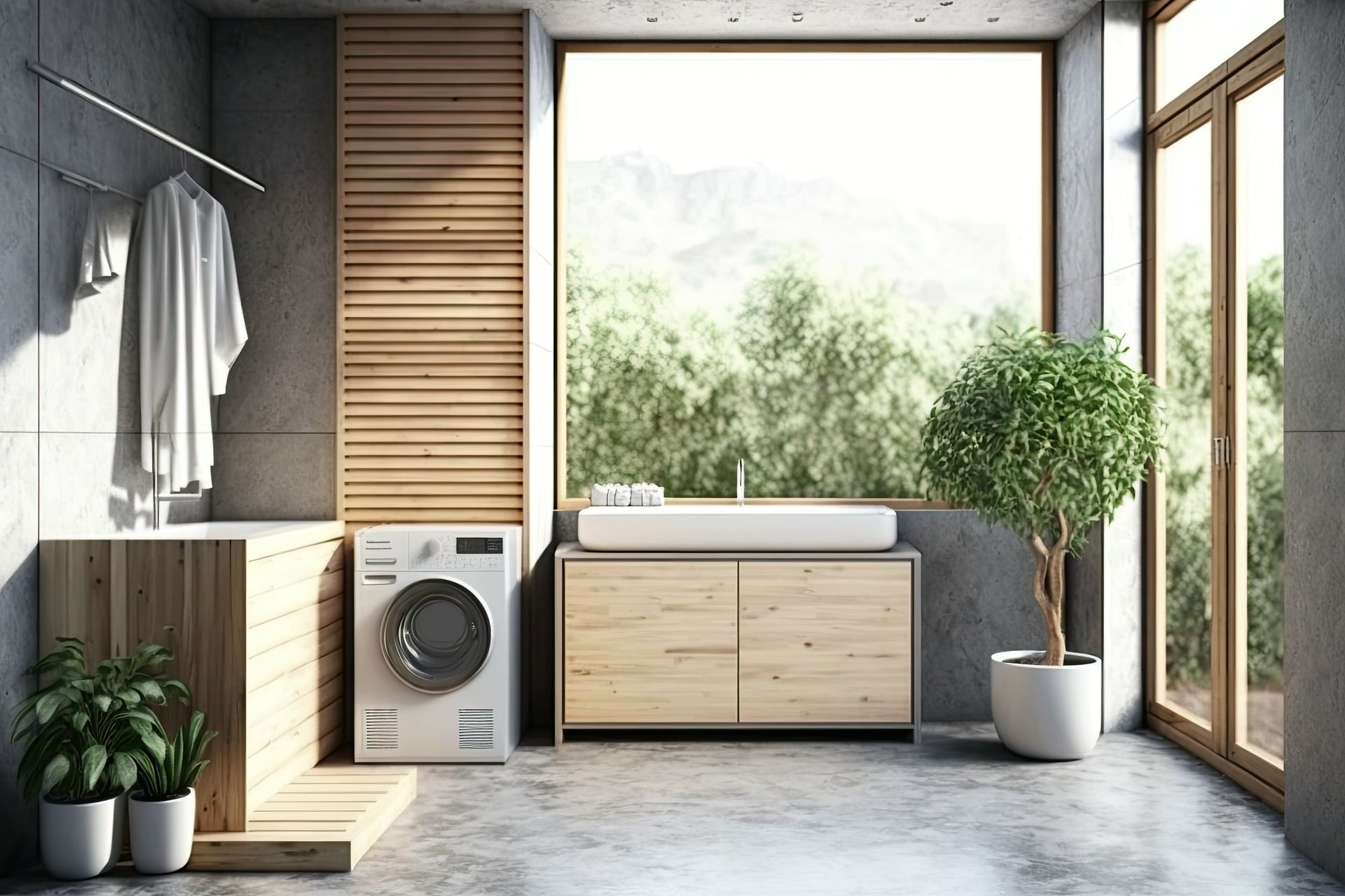 Une salle de bain avec lave-linge, lavabo et fenêtre.