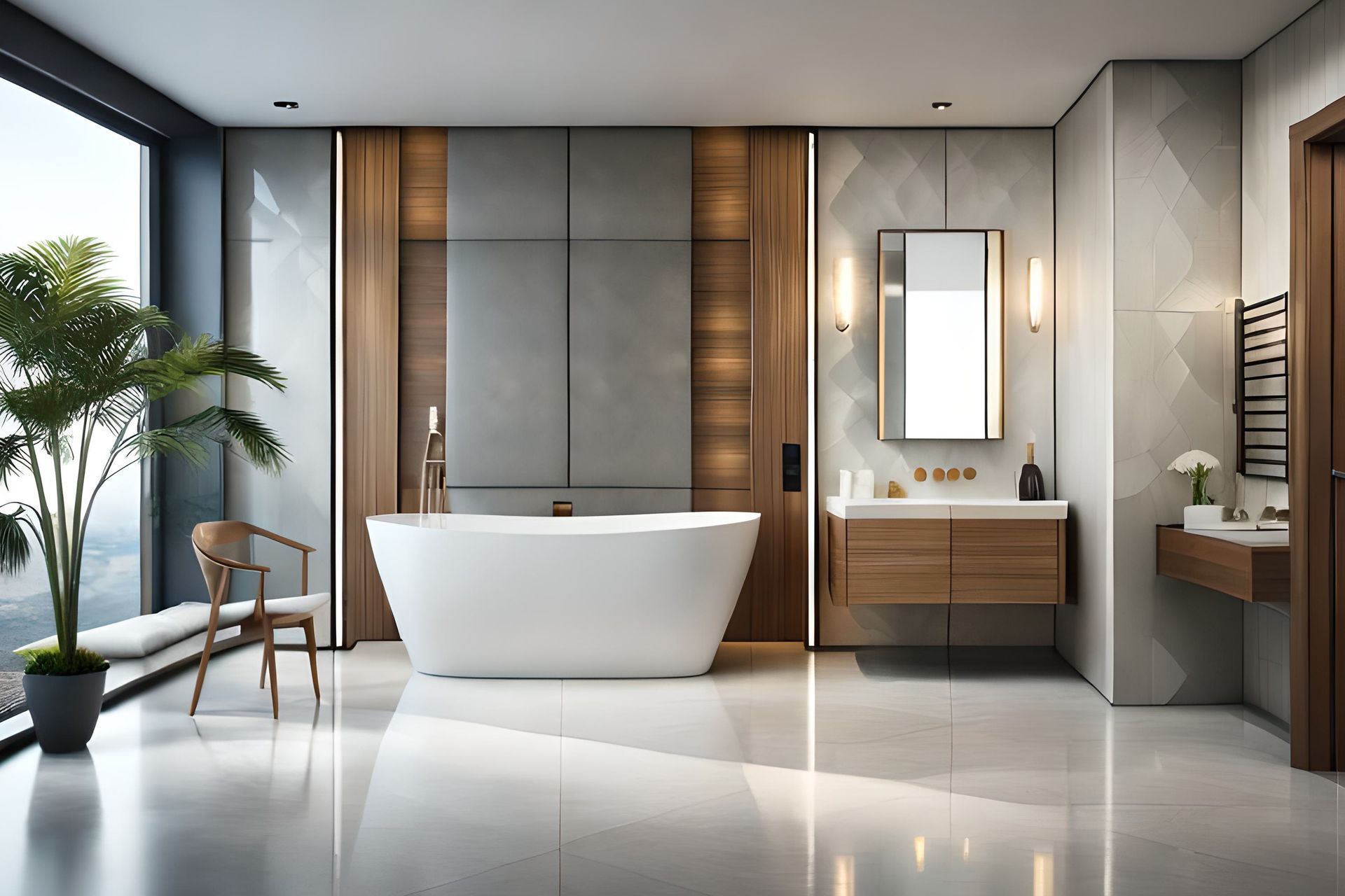 Une salle de bain avec baignoire , lavabo , miroir et chaise.