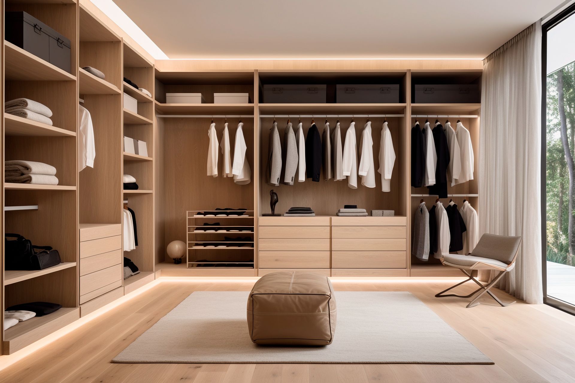 Un grand dressing avec beaucoup de vêtements accrochés aux portants.