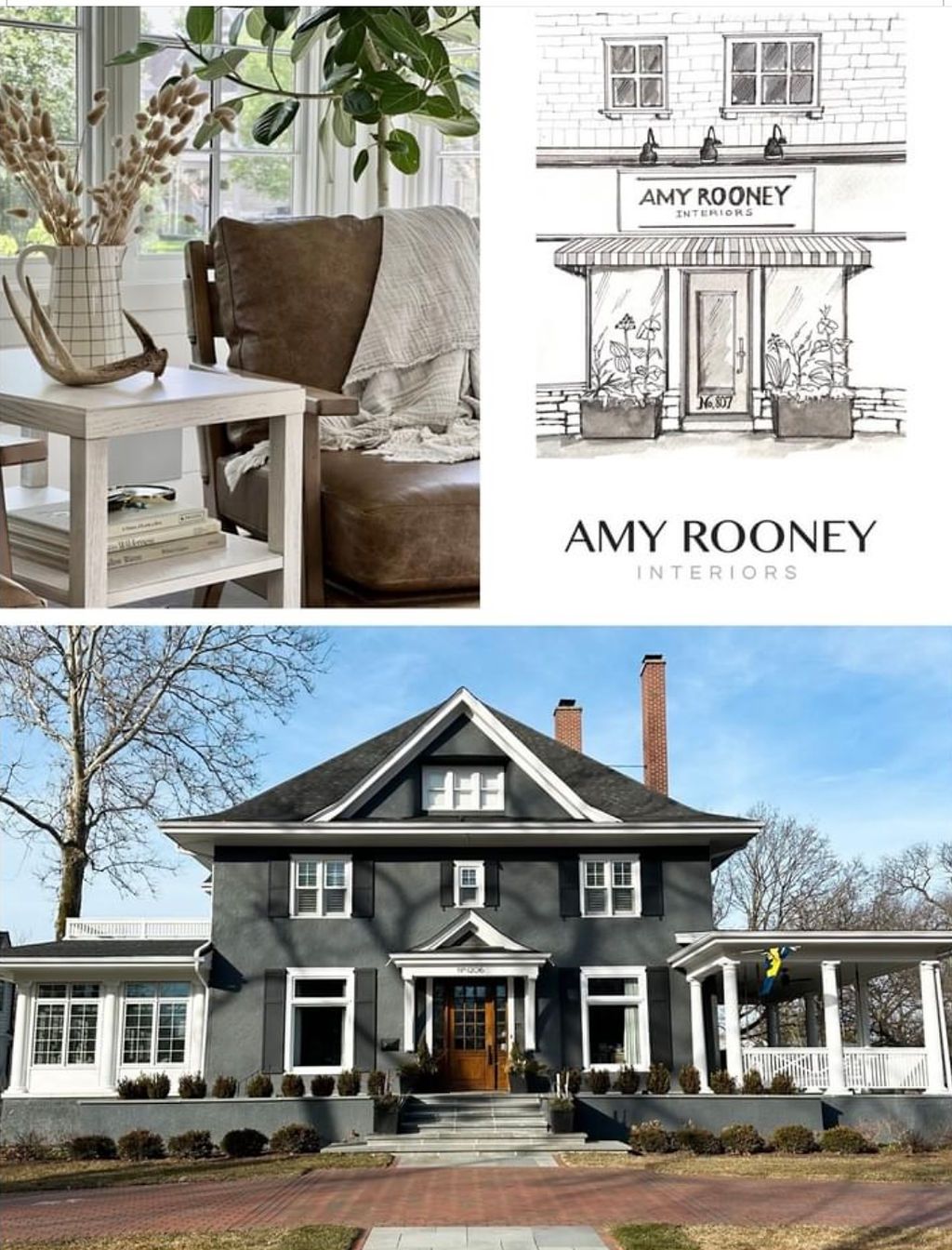 Collage: Interior design setup, storefront sketch, and charcoal-painted home.