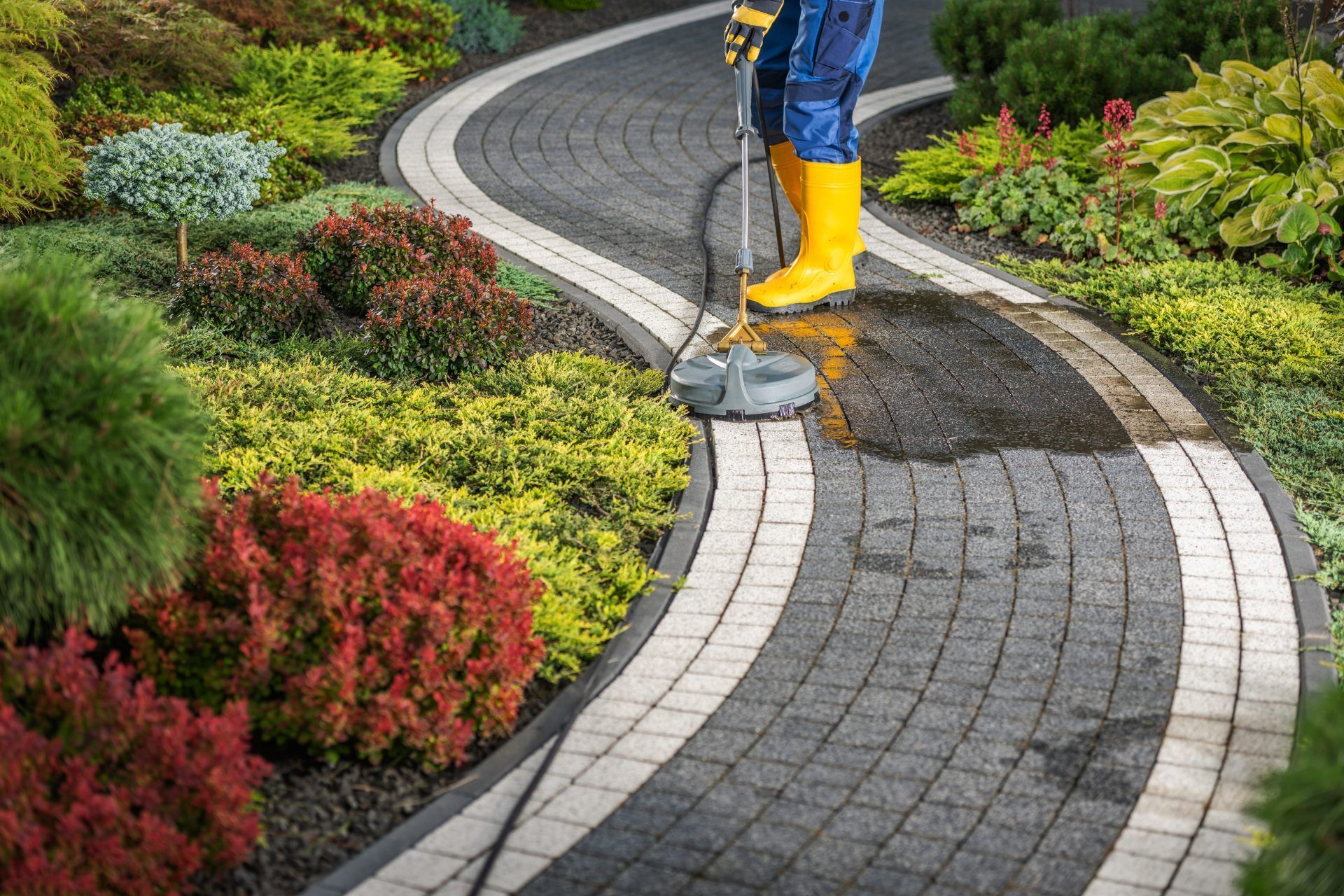 A person in yellow boots uses a circular surface cleaner to power wash a curved stone walkway in a garden.