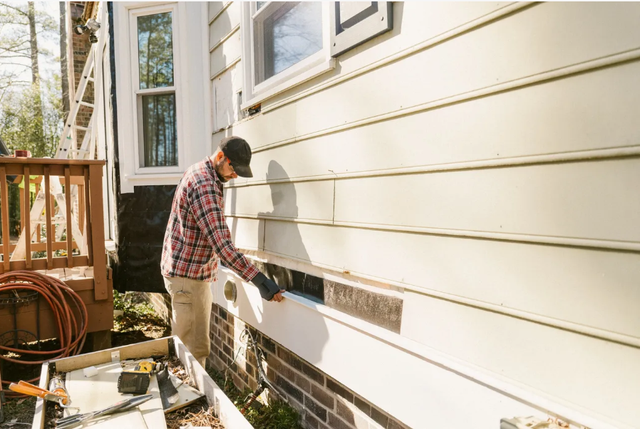 Person painting the side of a house with a roller near the foundation and windows.