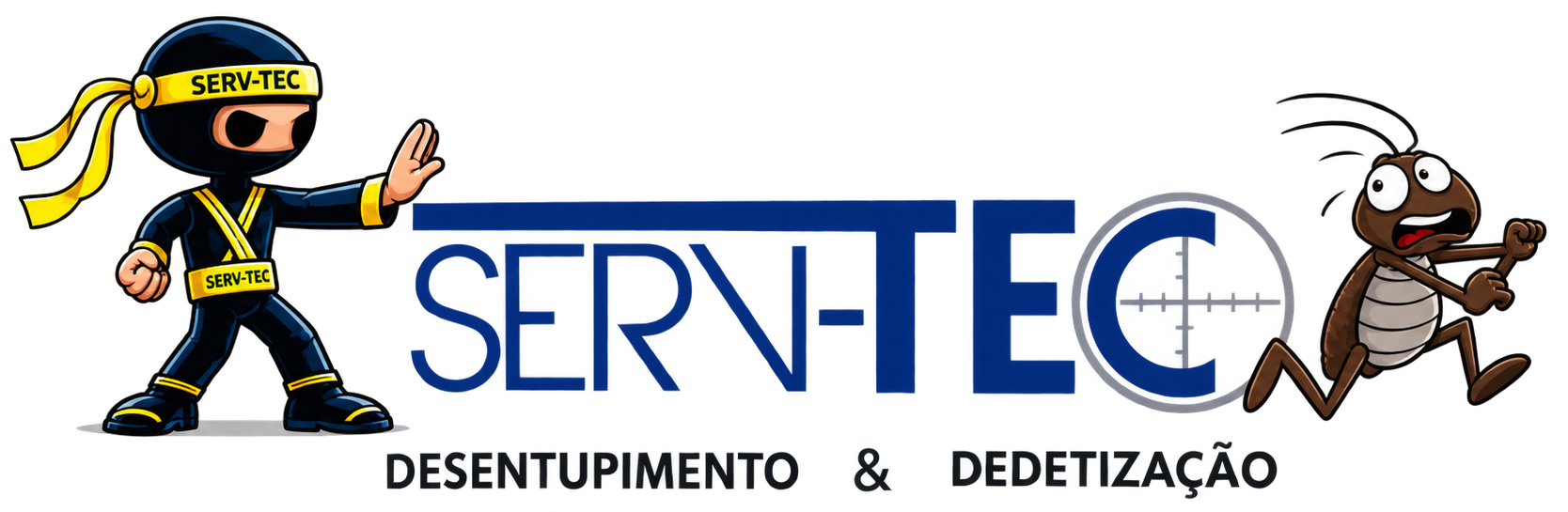 Logotipo da SERV-TEC com um técnico de desenho animado e uma barata, promovendo serviços de controle de pragas e limpeza