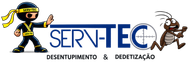 Logotipo da SERV-TEC com um técnico de desenho animado e uma barata, promovendo serviços de controle de pragas e limpeza