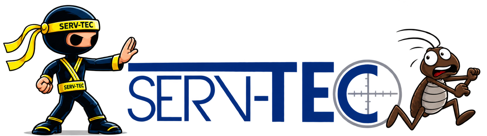 Logotipo da SERV-TEC com um técnico em estilo cartoon e um esquilo correndo sobre um fundo branco