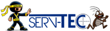 Logotipo da SERV-TEC com um técnico em estilo cartoon e um esquilo correndo sobre um fundo branco
