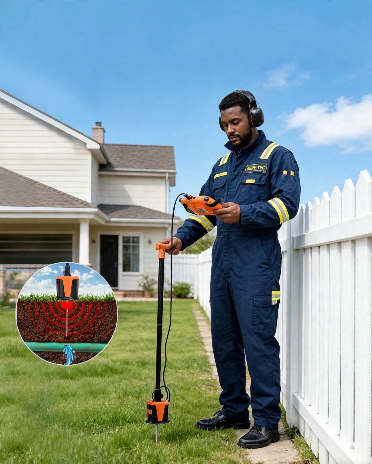 Trabalhador manuseando um equipamento de jardinagem laranja ao lado de uma cerca branca em um quintal suburbano