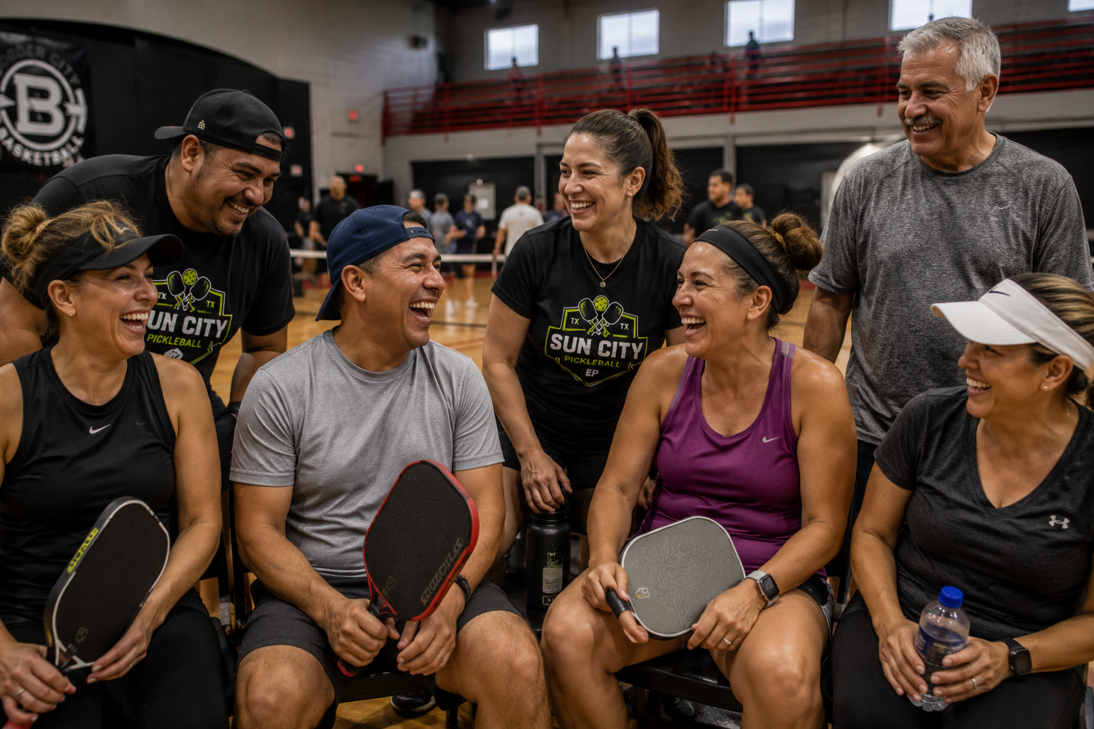 Diverse Sun City Pickleball Club members laugh together courtside after a friendly pickleball match
