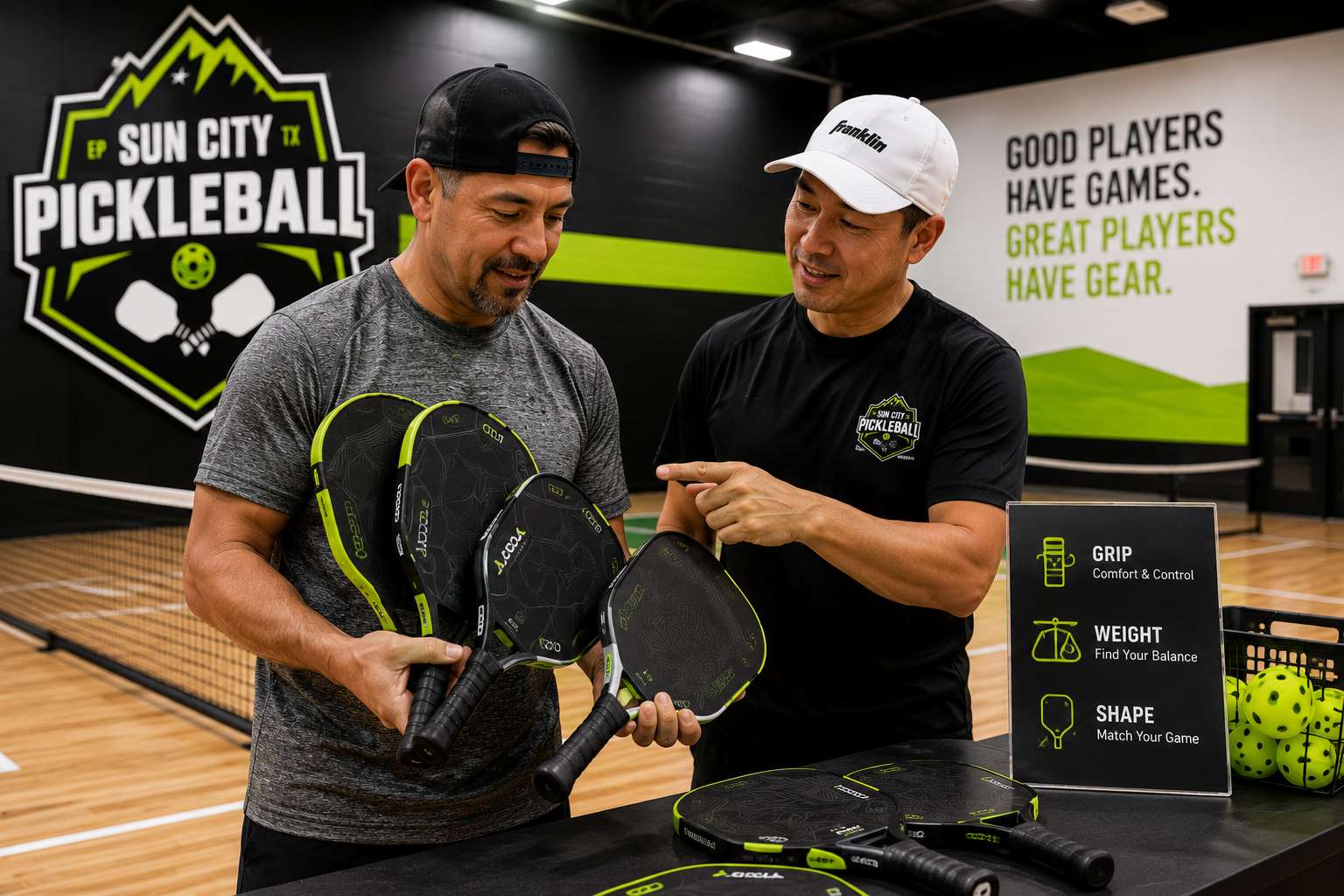 Beginner comparing pickleball paddles on an indoor court at Sun City Pickleball Club