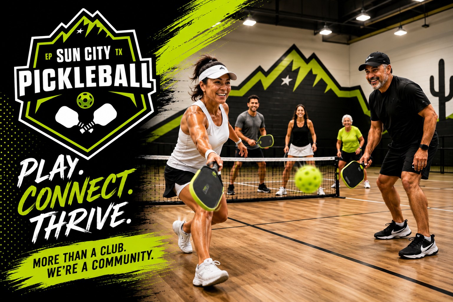 Indoor pickleball players in El Paso enjoying a cool summer game at Sun City Pickleball Club