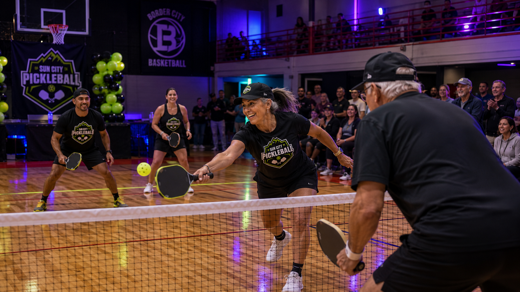 Members enjoy a glow-night pickleball match at Sun City Pickleball Club with colorful lighting 