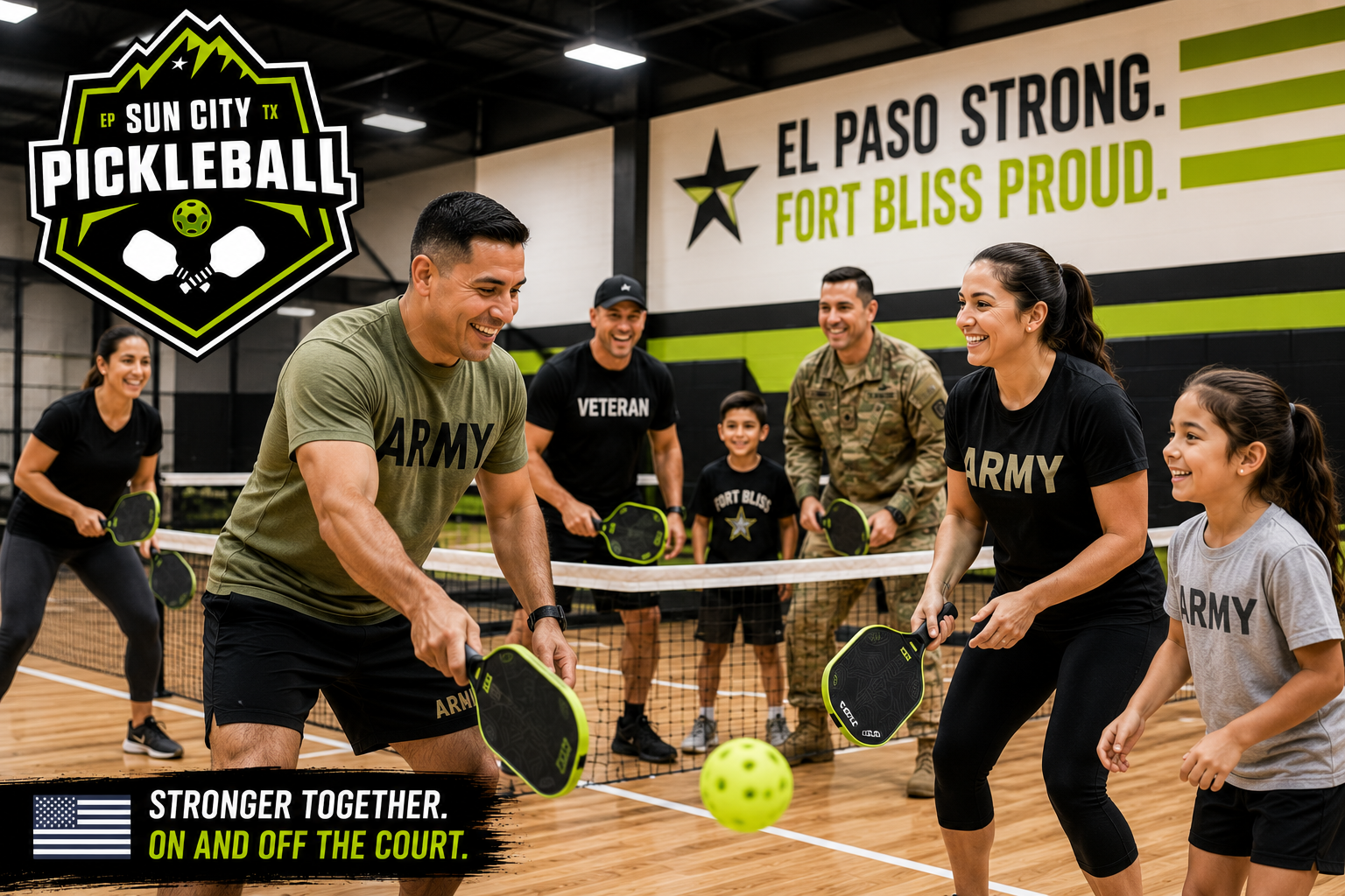 Military families and veterans playing indoor pickleball near Fort Bliss at Sun City Pickleball Club