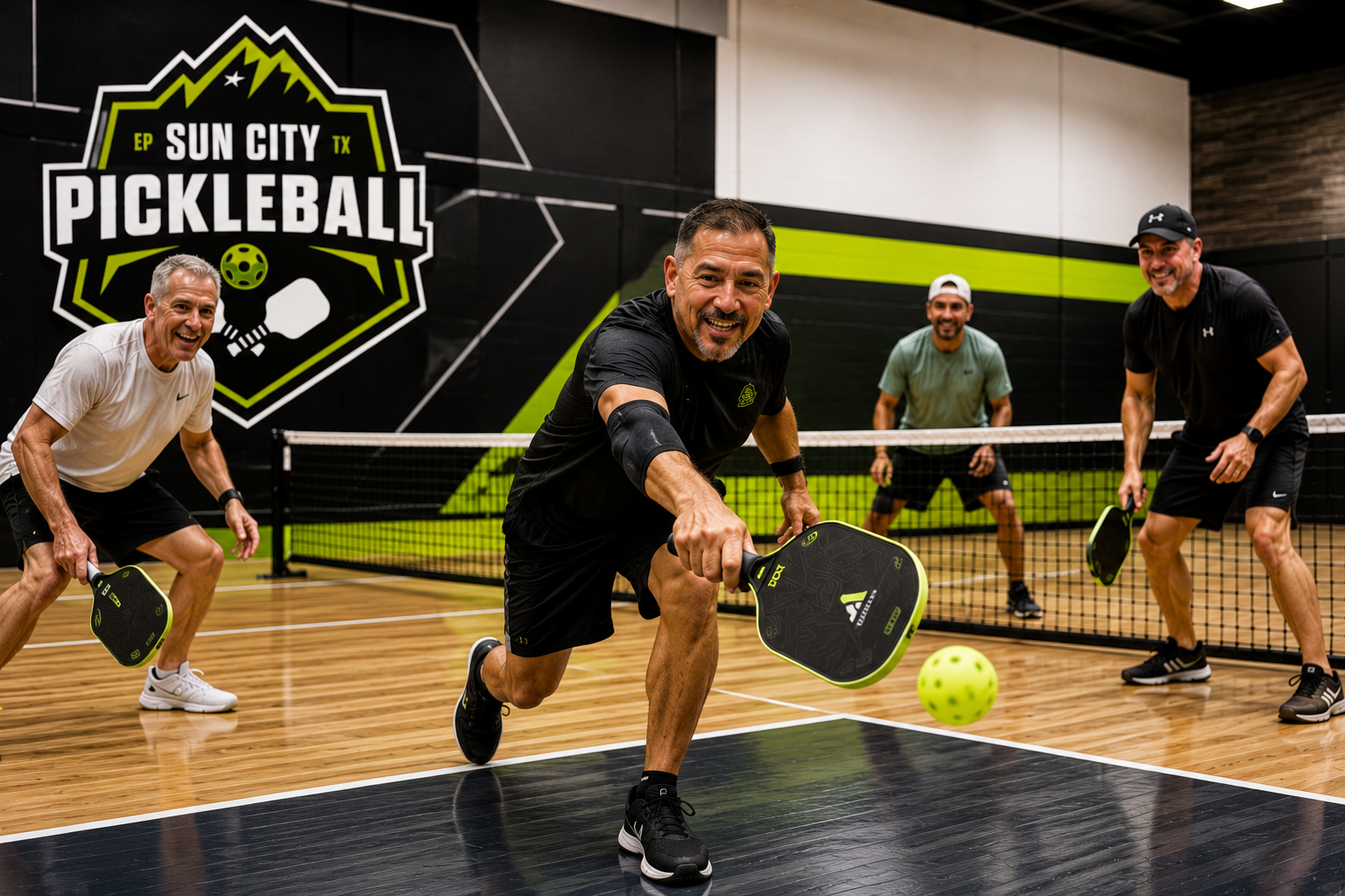 Adult men playing indoor pickleball in El Paso for fitness, stress relief, and better health